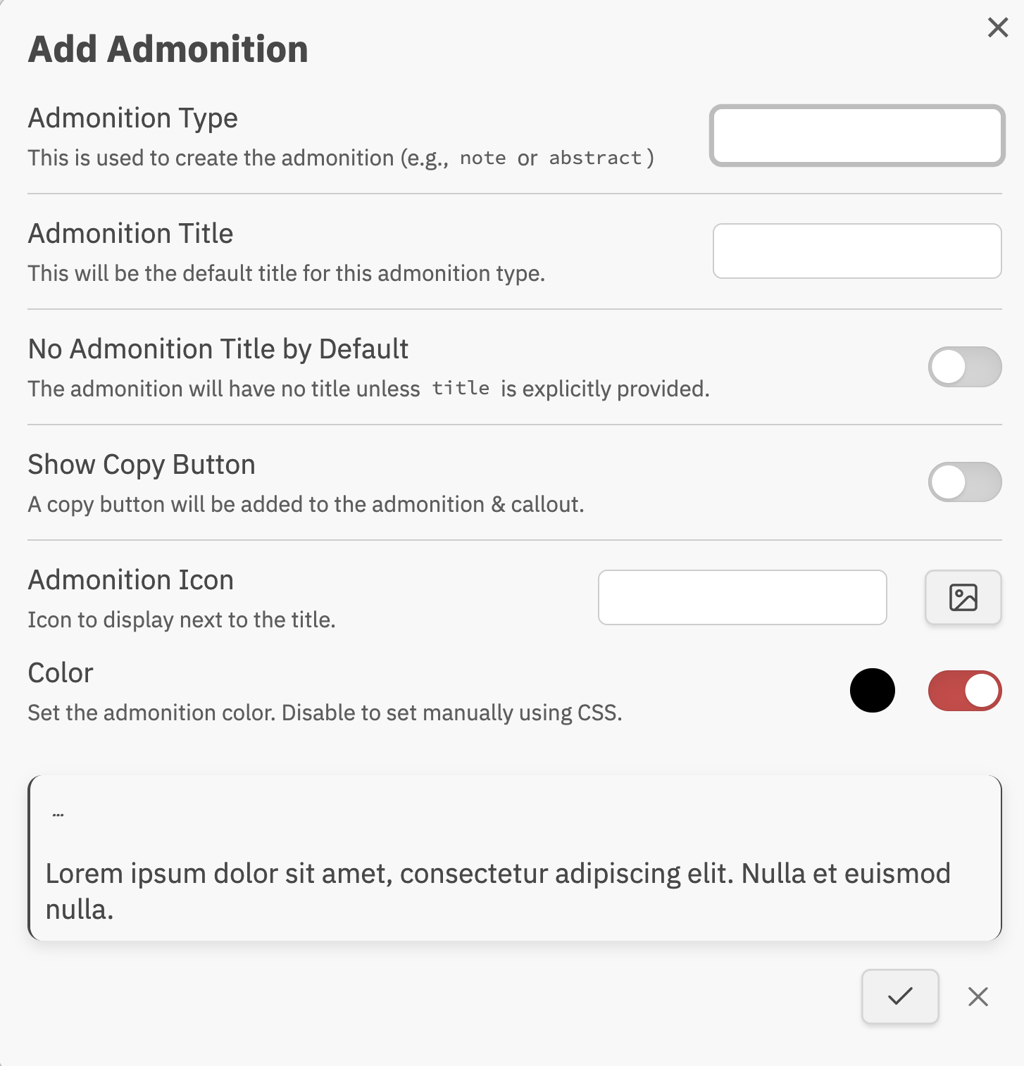 Create an Admonition settings popup