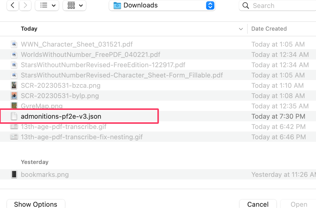 Select an Admonition file