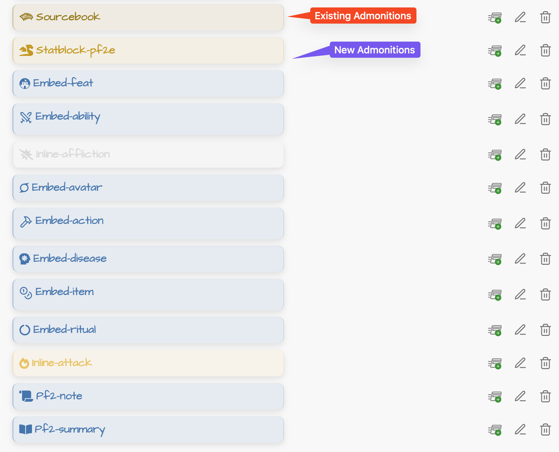 List of Admonitions after import